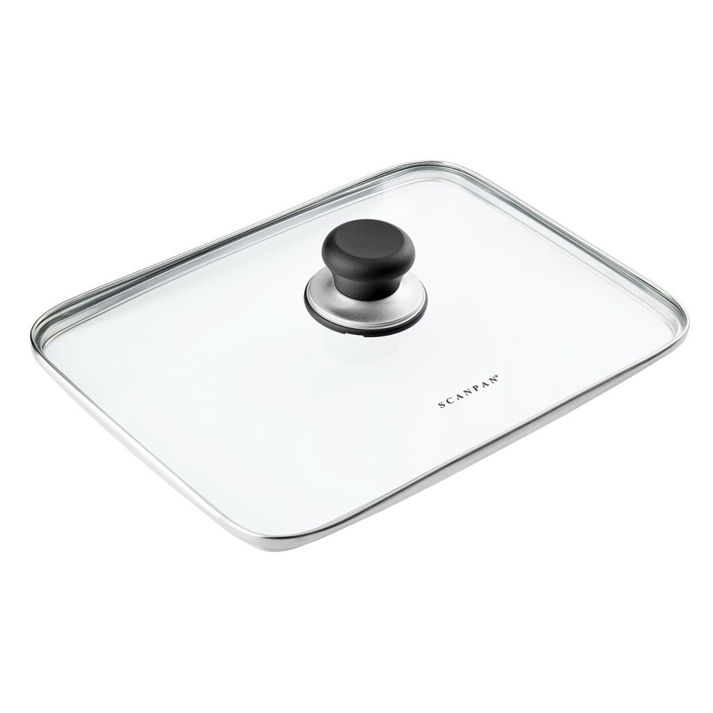 SCANPAN glaslåg til bradepande 29 x 21 cm set skråt forfra