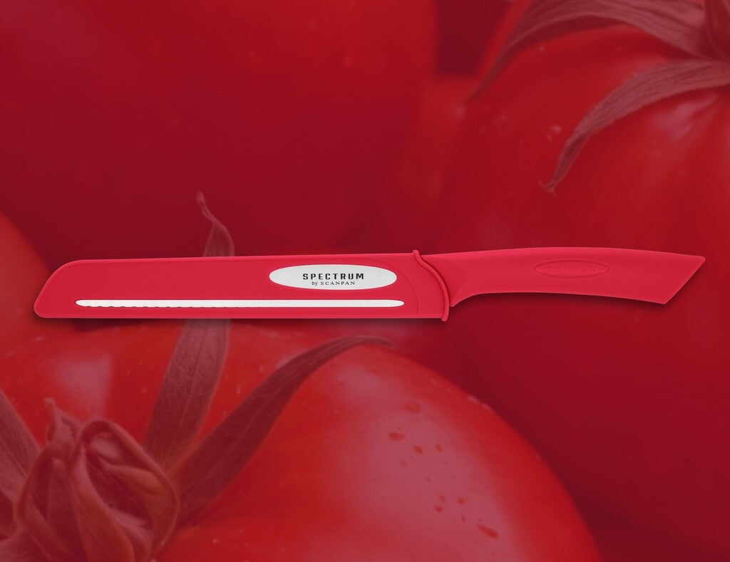 Spectrum bread knife in Red shown in use