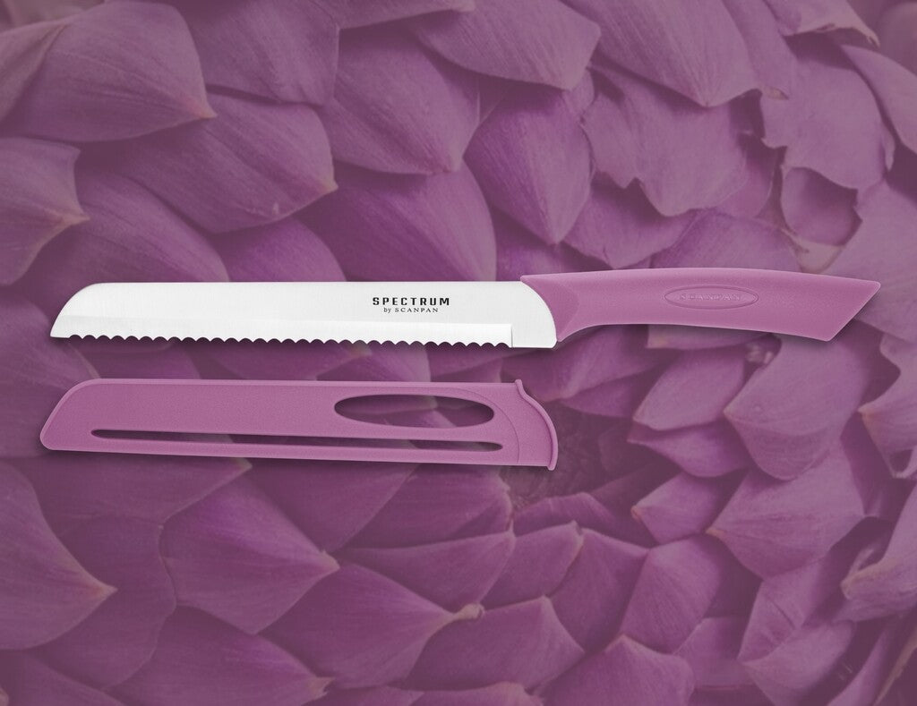 Spectrum bread knife in Dusty Lavender on a white background