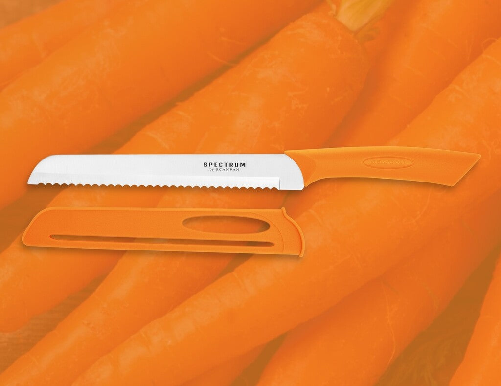 Spectrum bread knife in Carrot Curl on a white background