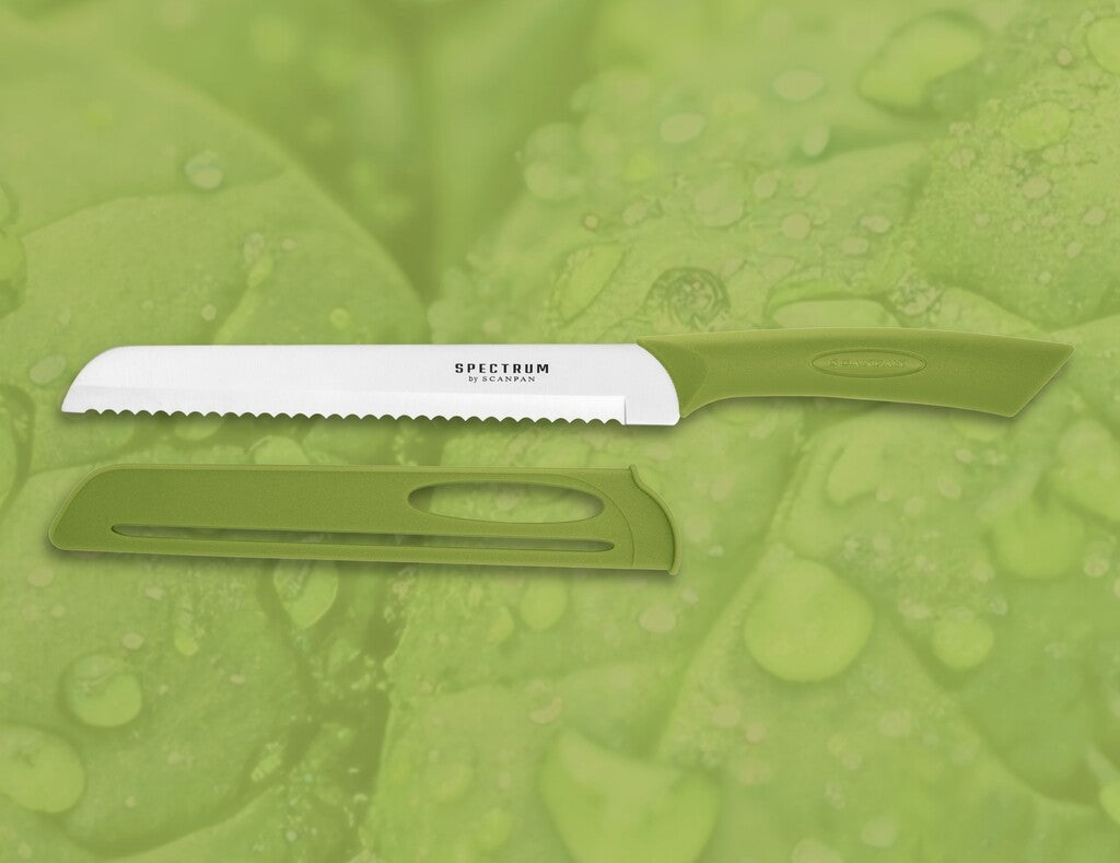 Spectrum bread knife in Spinach Green on a white background