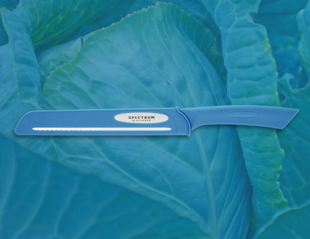 Spectrum bread knife in Silver Lake Blue shown in use