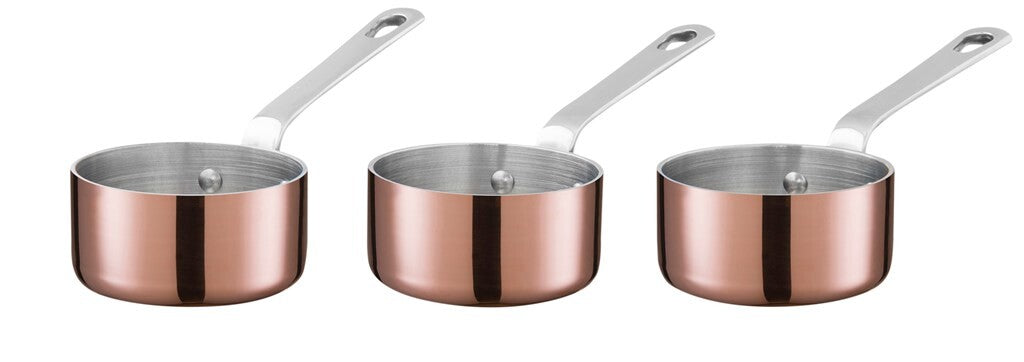 Tre SCANPAN Maitre D' mini-kasseroller i kobber set forfra